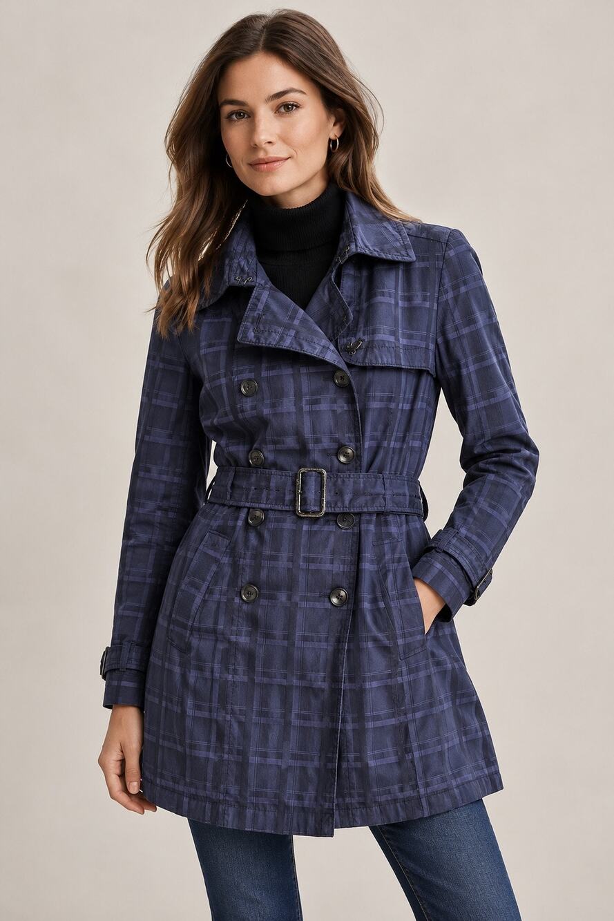 Banana Republic Navy Madras Plaid Double Breasted Belted Trench Coat Medium